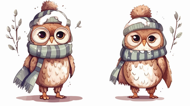 Winter Cute Owl Watercolor Flat vector isolated on white