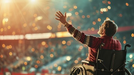 A man in a wheelchair raises his arms in a stadium full of people. - obrazy, fototapety, plakaty