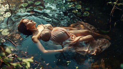 A pregnant woman in a dress lies on her back in a pond, surrounded by water lilies and sunlight. - obrazy, fototapety, plakaty