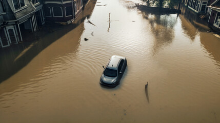 Car floating in flooded street after heavy rainfall