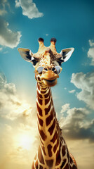 Portrait of a giraffe with stylish sunglasses against blue sky