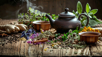 Herbal Tea Assortment with Teapot, Cups, and Diverse Ingredients - obrazy, fototapety, plakaty