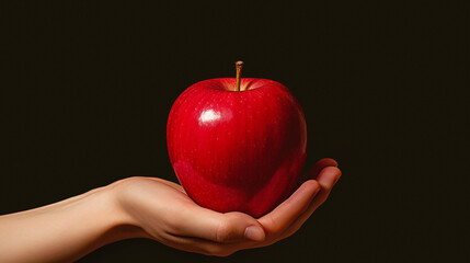 Female hand holding red apple isolated on black background