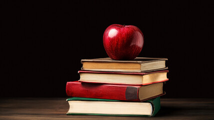 Close-up of a stack of four books with a red apple on top