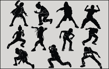 Vector illustration. Hip hop dancer silhouette. Girl on the move. Big set of poses.