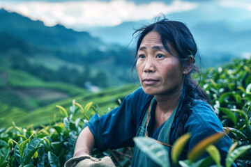 Tired Asian woman tea picker, portrait. tea plantations on a green hill.