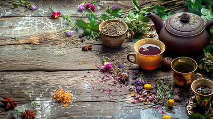 Herbal Tea Assortment with Teapot, Cups, and Diverse Ingredients - obrazy, fototapety, plakaty
