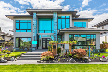 A large suburban house with a contemporary design featuring expansive turquoise windows and a spacious front yard, surrounded by freshly landscaped gardens with blank labels for copy space