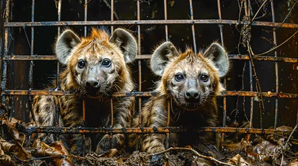 Fotobehang Two spotted hyena (Crocuta crocuta) in a cage © korkut82