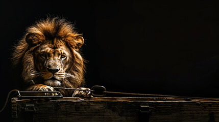 Portrait of a lion in a wooden box on a black background. 