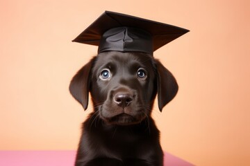 chocolate Labrador retriever puppy wearing a graduate hat. concept: parenting, handling and...