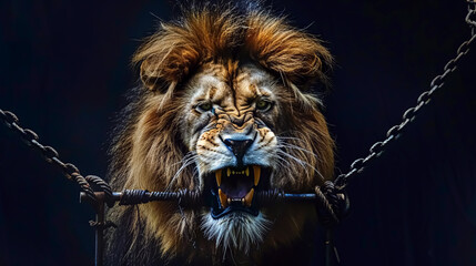 Portrait of a lion on a black background with a chain. 