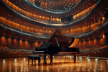 Lifelike grand piano in concert hall 3D render DSLR 8K acoustic elegance
