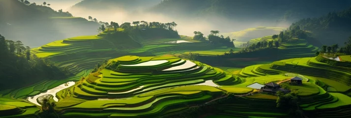 Fototapeten panorama of green hills with rice terraces without people. © MaskaRad
