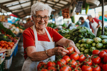 Cheerful elderly female vendor offering fresh tomatoes at outdoor market. Natural daylight photography. Organic farming and sustainable living concept. Suitable for advertising, editorial. Open air ma - obrazy, fototapety, plakaty