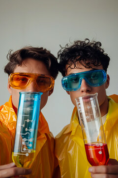Two boys in chemical protective suit and goggles holding test tubes with chemicals. 