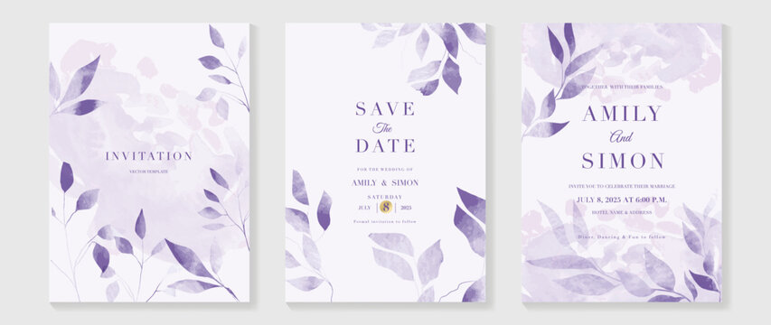 Luxury wedding invitation card template vector. Watercolor card with foliage, leaves branch on purple background. Elegant spring botanical design suitable for banner, cover, invitation.