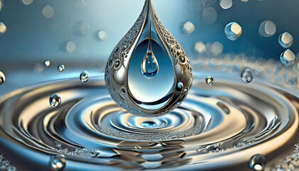 Illustration of a levitating water droplet with metallic silver and azure blue colors. AI generated. - obrazy, fototapety, plakaty