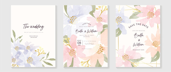 Fototapeta na wymiar Luxury wedding invitation card template vector. Watercolor card with flower, foliage, gold texture on white background. Elegant spring botanical design suitable for banner, cover, invitation.
