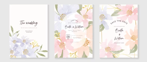 Tuinposter Luxury wedding invitation card template vector. Watercolor card with flower, foliage, gold texture on white background. Elegant spring botanical design suitable for banner, cover, invitation. © TWINS DESIGN STUDIO