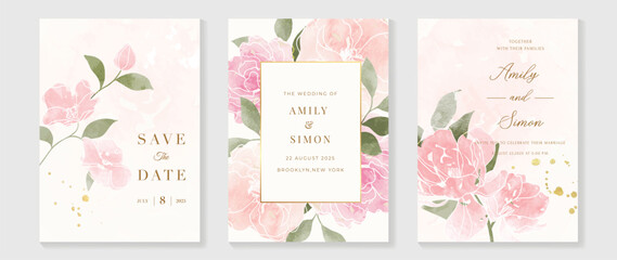 Luxury wedding invitation card template vector. Watercolor card with flower, foliage, gold glitter on pink and white background. Elegant spring botanical design suitable for banner, cover, invitation.