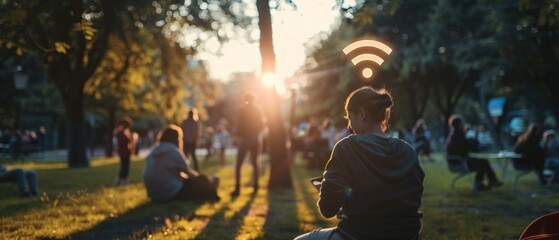 A dynamic scene in a public park, where a closeup of a smartphone screen shows the WiFi symbol connecting, with the backdrop of happy families and individuals enjoying the outdoors while staying digit - obrazy, fototapety, plakaty