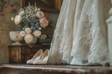 Wedding shoes on table against bridal dress