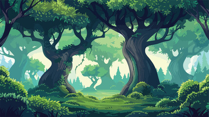 Magical fantasy forest with giant trees background 