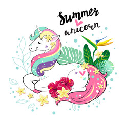Cute summer tropical unicorn and the inscription summer unicorn. Vector illustration of funny animals. Design for t-shirt