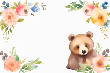 Card frame illustration with teddy bear and flowers