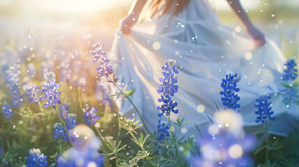 Beautiful bride in a field of bluebonnets at sunset. blue lupine flowers. lavender flowers.