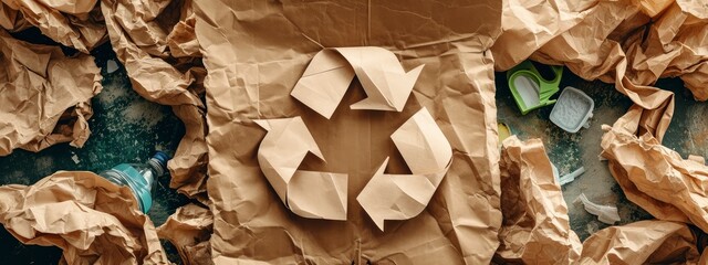 Crumpled brown paper and blue plastic with a recycle symbol, emphasizing the importance of waste sorting and recycling. - obrazy, fototapety, plakaty