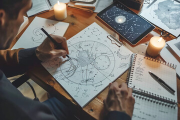 Astrology. Astrologer calculates natal chart and makes a forecast of fate Tarot cards, Fortune telling on tarot cards magic crystal, occultism, Esoteric background. Fortune telling,tarot predictions - obrazy, fototapety, plakaty