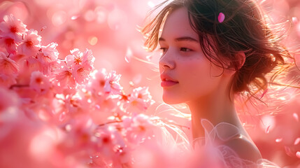 Beautiful young woman in a long white dress among the blooming cherry trees in spring. 