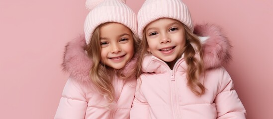 Picture of two little girls in matching pink jackets and hats happily posing for a photograph