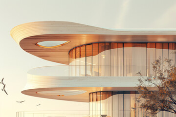 A close exterior view of a modern house design inspired by the aerodynamics of an eagle's wings, set against a background color of pale gold - Powered by Adobe