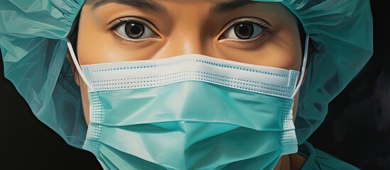 A close-up image of a woman wearing a surgical mask and a blue cap, focusing on her protective gear - Powered by Adobe