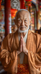 An elderly man with a beard and moustache is praying in a temple, his wrinkled face showing a serene smile. The art and history of the monument complement his peaceful expression