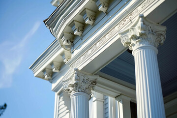 A close-up of the ornamental pediments and cornices of an Italianate porch, showcasing the house against a sky blue backdrop - Powered by Adobe