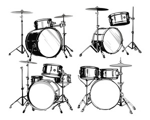 Fototapeta na wymiar Set of different drum kit, black vector isolated against white background 