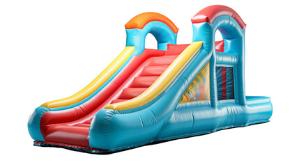 A colorful inflatable slide features a smaller slide on top, inviting children to slide and glide down