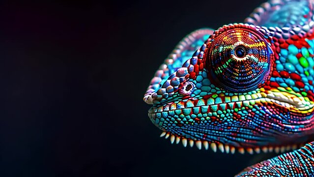 portrait of an colorful face of a chameleon detailed on black background. Generative AI