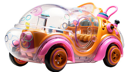 A colorful plastic toy car with a steering wheel on a playful adventure