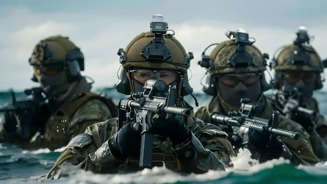 a team of soldiers of the special division of the sea fir, on a mission. a frame demonstrating the power and strength of the military forces. Generative AI