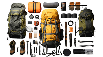 A collection of hiking essentials, including a backpack and hiking boots, laid out in preparation for an outdoor adventure