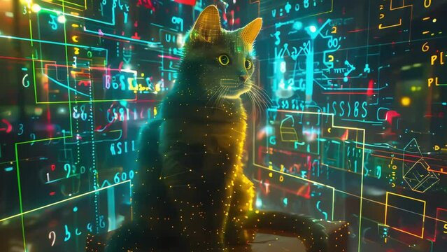 Schrodinger's cat in a box, glowing mathematical formulas, super detailed digital graphics. Generative AI