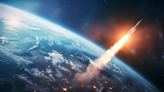 A view from space, of a rocket flying out of the atmosphere of planet Earth. Generative AI