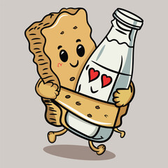 Vector hand-drawn biscuit hugging milk with love cartoon food and drink icon illustration
