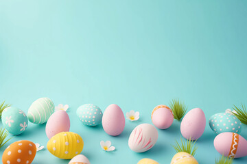 Fototapeta na wymiar Easter eggs on blue pastel background - festive spring illustration.