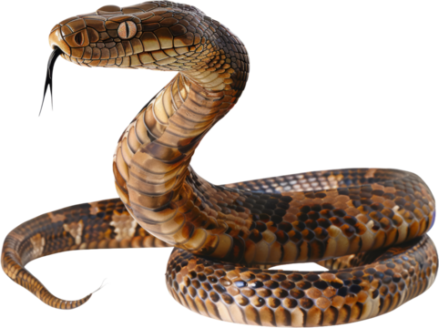 King cobra snake poised with tongue, cut out transparent
